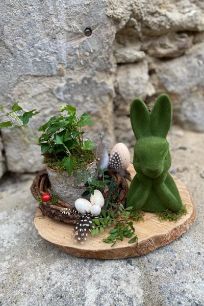 Aranjament de pasti pe suport de lemn care include si o Hedera la ghiveci