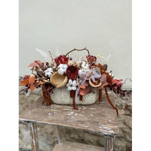 Aranjament cu plante uscate in vas de piatra 40 cm Aranjament cu plante uscate in vas de piatra 40 cm