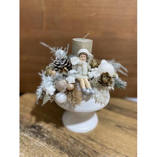 Aranjament de craciun in vas ceramic cu lumanare , figurina , globuri Aranjament de craciun in vas ceramic cu lumanare , figurina , globuri