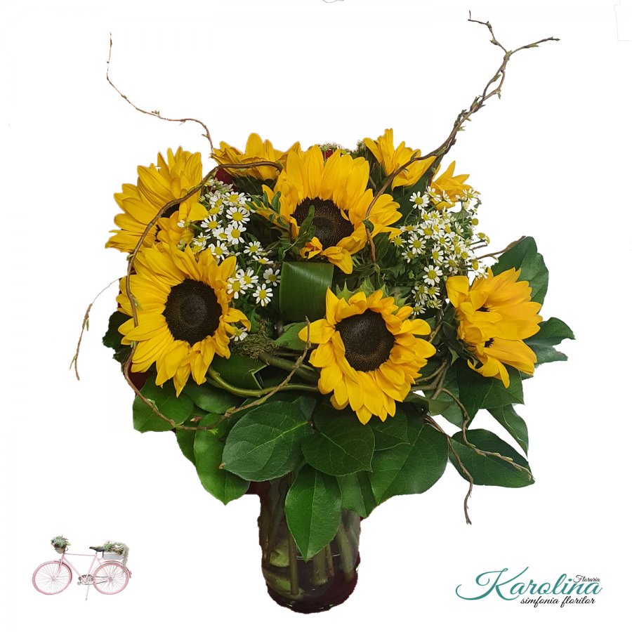 Buchet rustic cu florea soarelui si matricaria